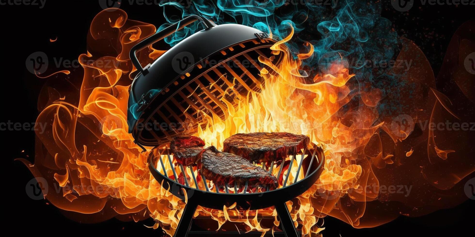 barbecue rooster met brand Aan Open lucht. brand vlam ai gegenereerd foto