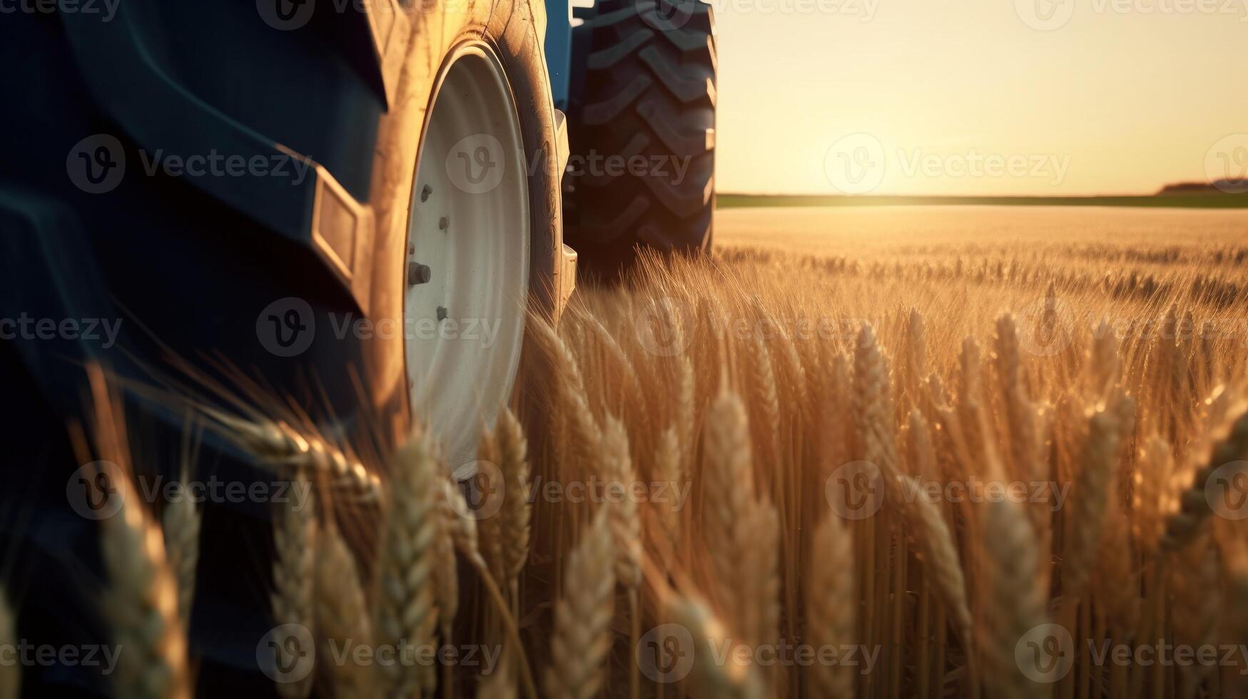 generatief ai, detailopname modern combineren oogstmachine Aan een tarwe veld, boerderij landschap, agrarisch mooi platteland. natuur illustratie, fotorealistisch horizontaal spandoek. foto