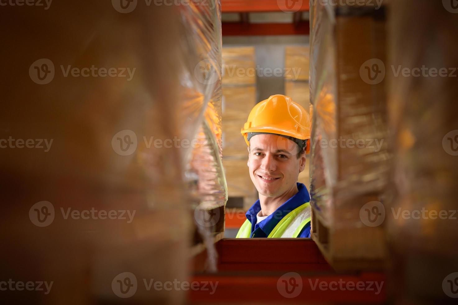 hoofd van arbeider portret in een auto onderdelen magazijn, onderzoeken auto onderdelen dat zijn klaar naar worden verzonden naar de auto- bijeenkomst fabriek. foto