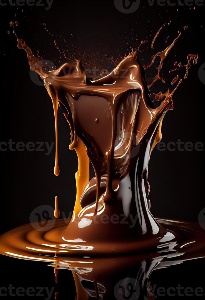 generatief ai illustratie van heet gesmolten donker chocola spatten, zwart achtergrond foto