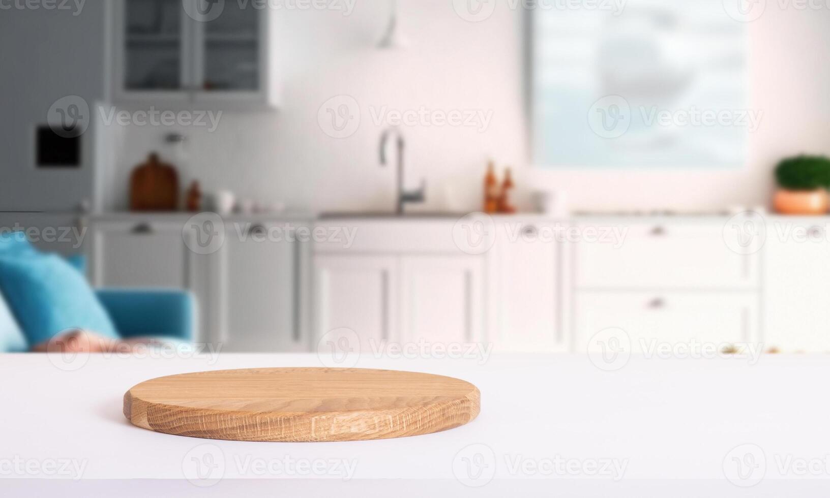 leeg plaats voor Product Aan podium of voetstuk Aan helder modern keuken achtergrond. keuken bespotten omhoog. ai gegenereerd foto