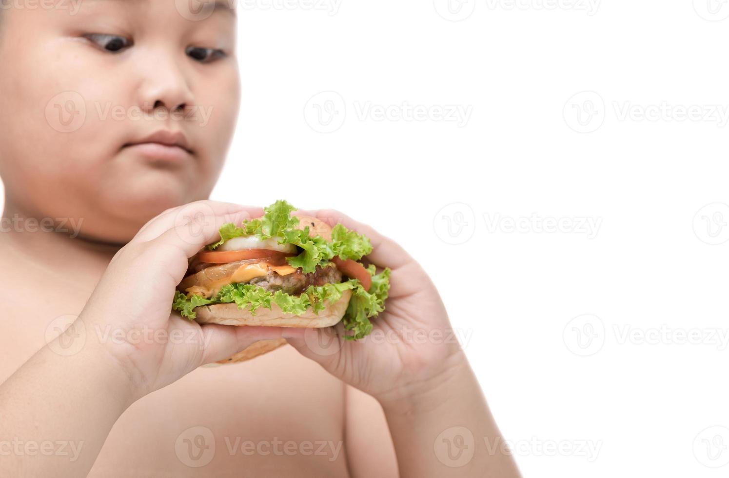 varkensvlees Hamburger Aan zwaarlijvig dik jongen hand- achtergrond geïsoleerd foto