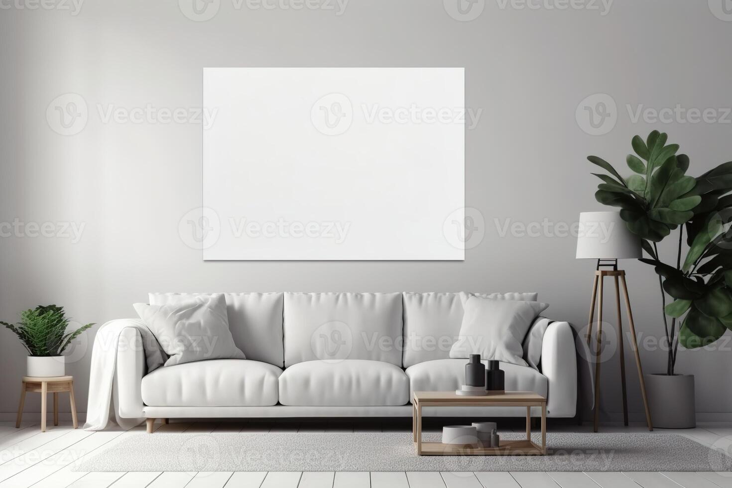 blanco wit canvas binnen van een leven kamer voor een muur kunst mockup illustratie met generatief ai foto