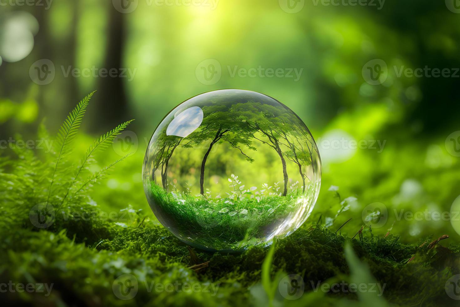 kristal bal Aan groen gras met reflectie van groen vegetatie binnen. neurale netwerk gegenereerd kunst foto