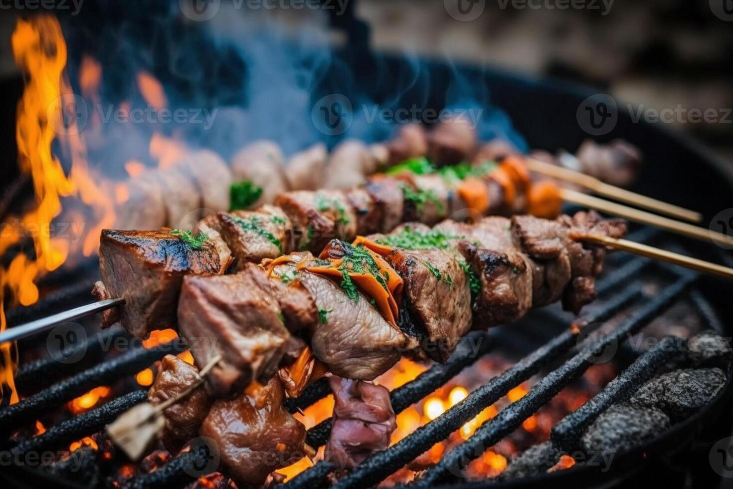 heerlijk bbq kebab grillen Aan Open rooster ai gegenereerd foto