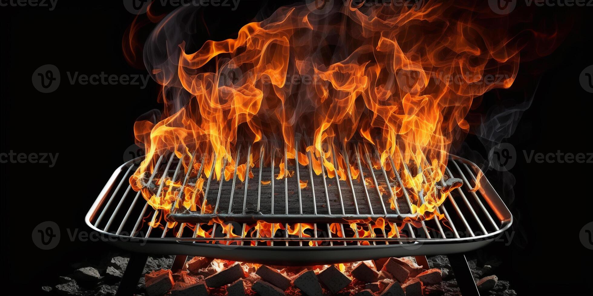 leeg barbecue vlammend houtskool rooster met helder vlammen van brand geïsoleerd Aan de zwart achtergrond ai gegenereerd foto