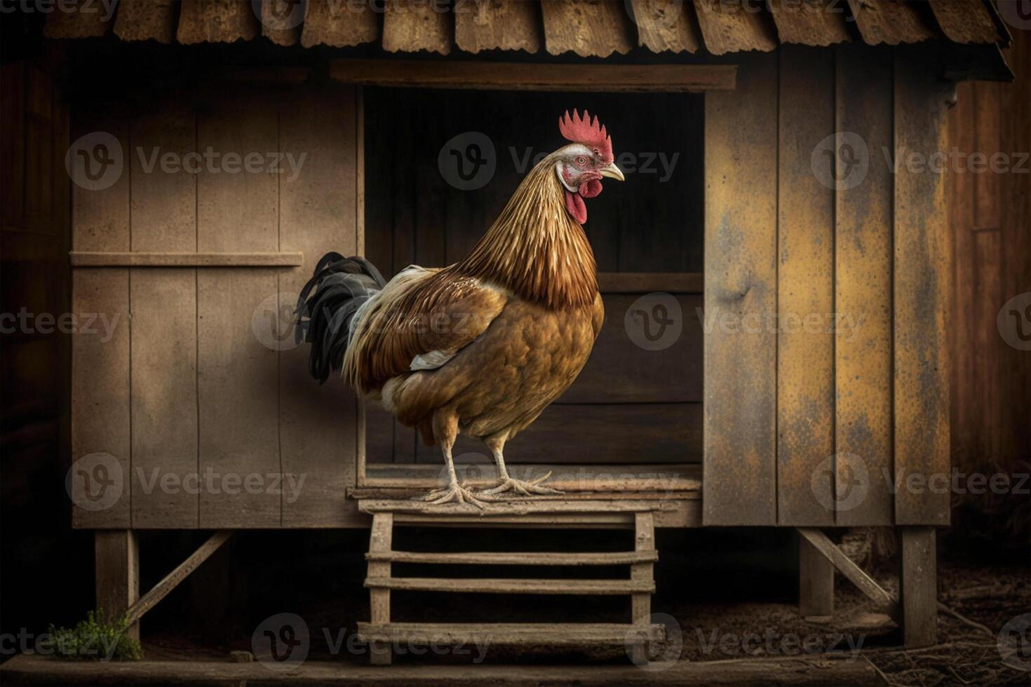 kip neerstrijken Aan houten structuur Bij gevogelte boerderij ai gegenereerd foto