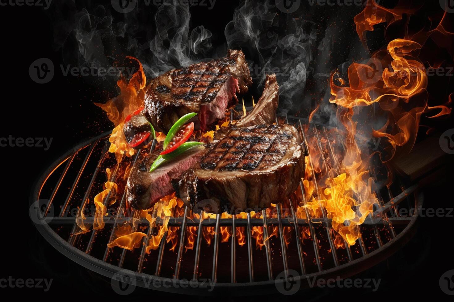 smakelijk rundvlees steaks en spiesjes vliegend bovenstaand gips ijzer rooster met brand vlammen. bevriezen beweging barbecue concept ai gegenereerd foto