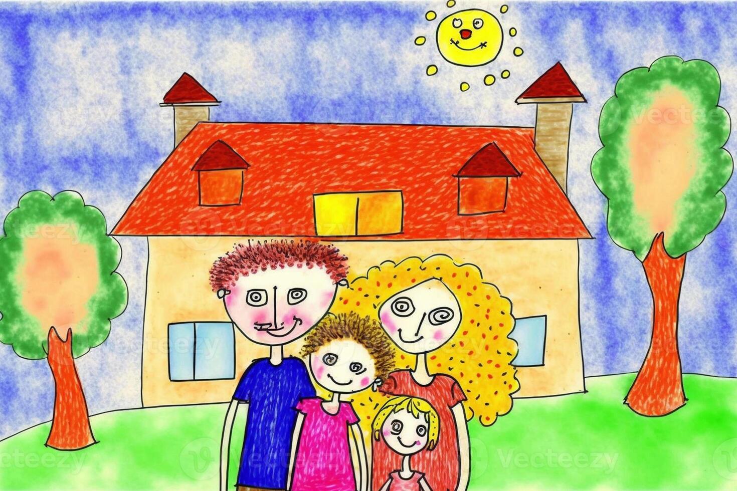 gelukkig familie en nieuw huis kind tekening verzameling ai gegenereerd foto