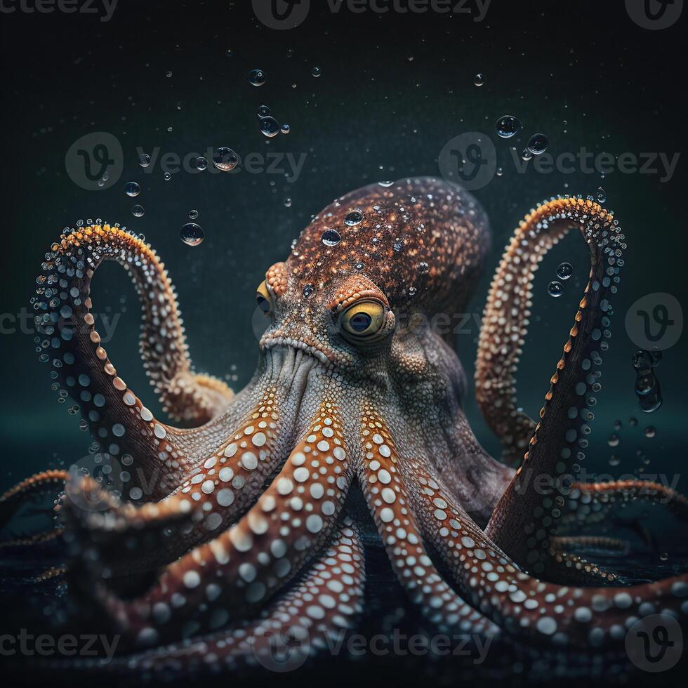 reusachtig Octopus met lang tentakels in donker duister water, generatief ai foto