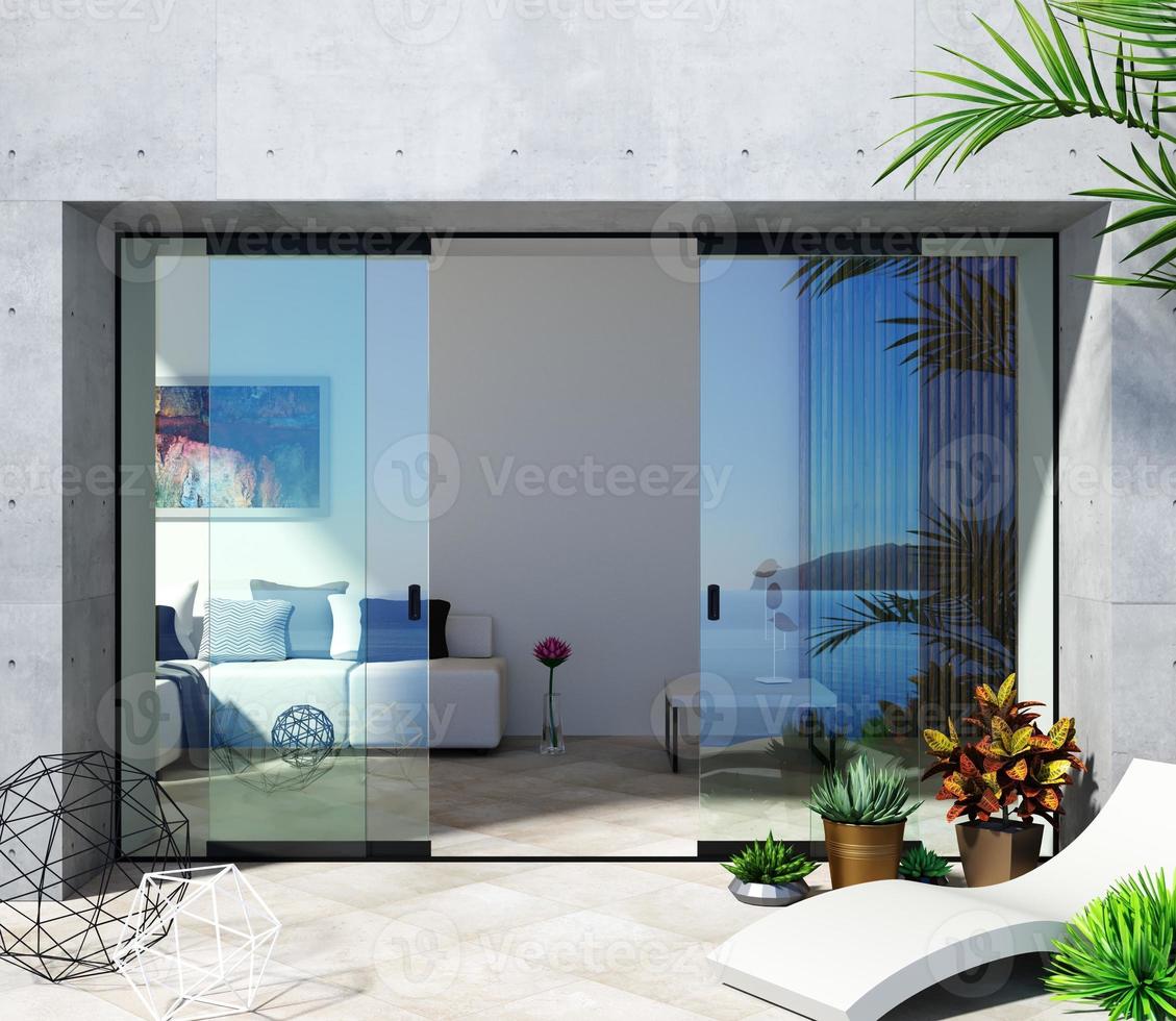 automatisch zwart glijden deuren zee villa patio facade mockup foto