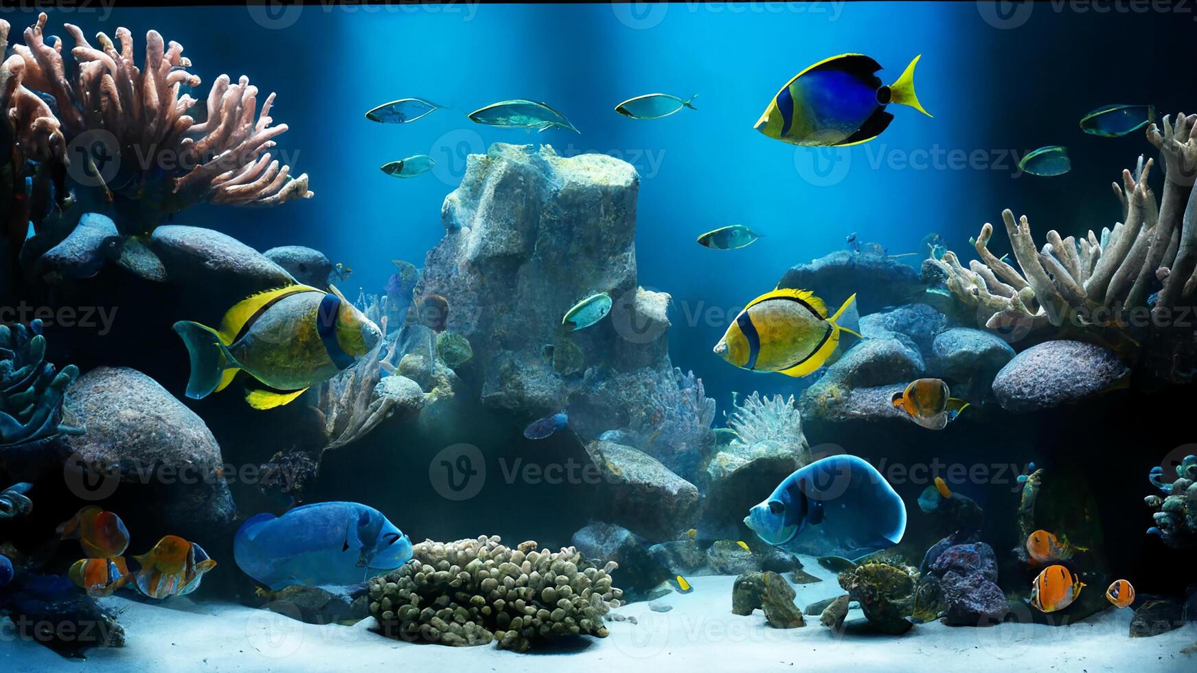 een aquarium met tropisch vis en koralen. achtergrond. generatief ai foto