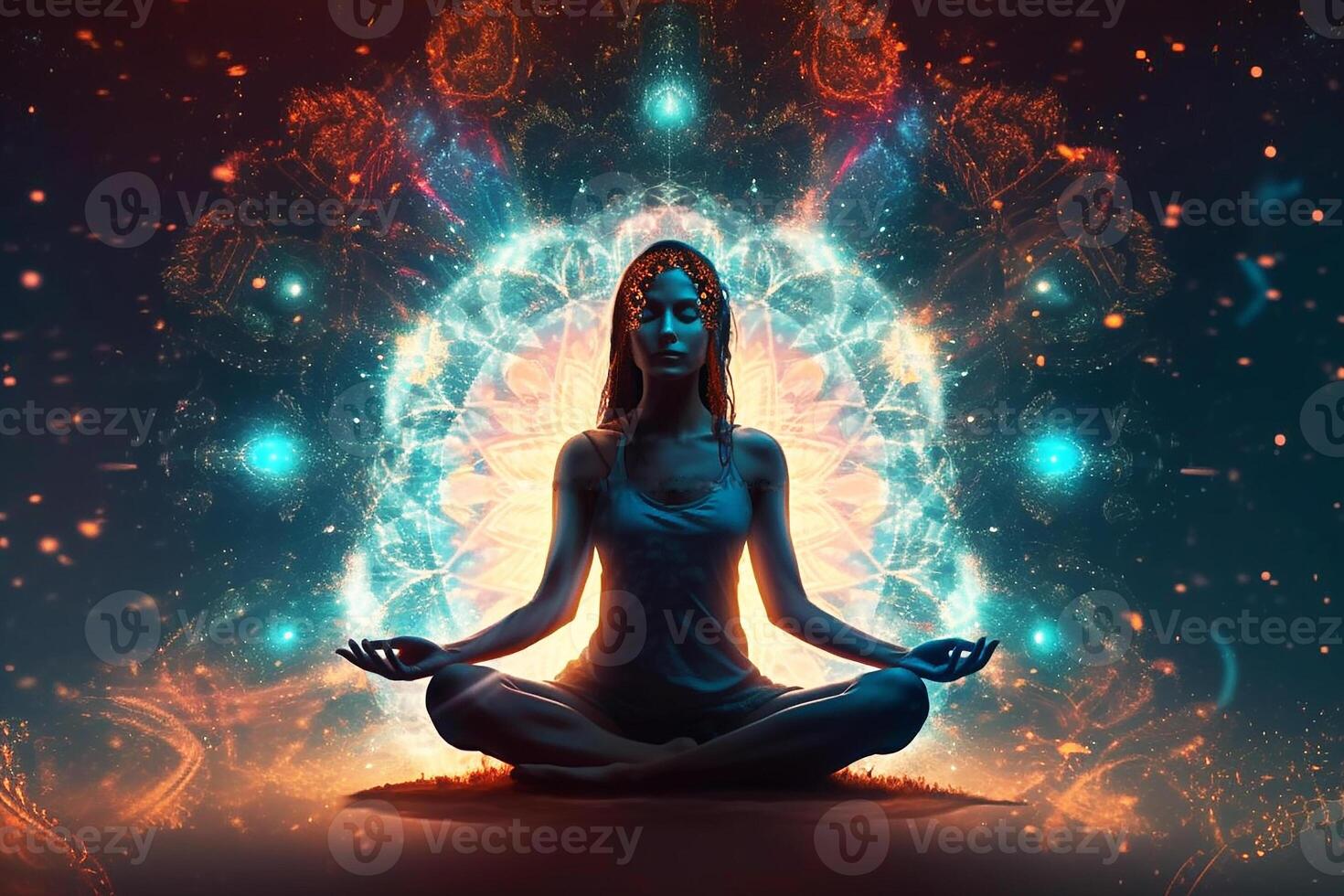 meditatie. een vrouw in de lotus houding mediteert met binnenste energie. generatief ai foto