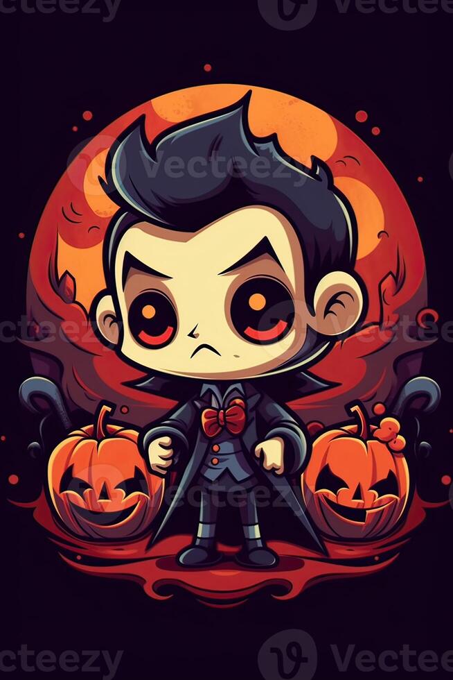 schattig tekenfilm vampier halloween. gelukkig halloween. tellen dracula vervelend zwart en rood kaap. schattig tekenfilm vampier karakter. kan worden gebruikt voor t-shirt grafiek, afdrukken. vector illustratie. generatief ai. foto