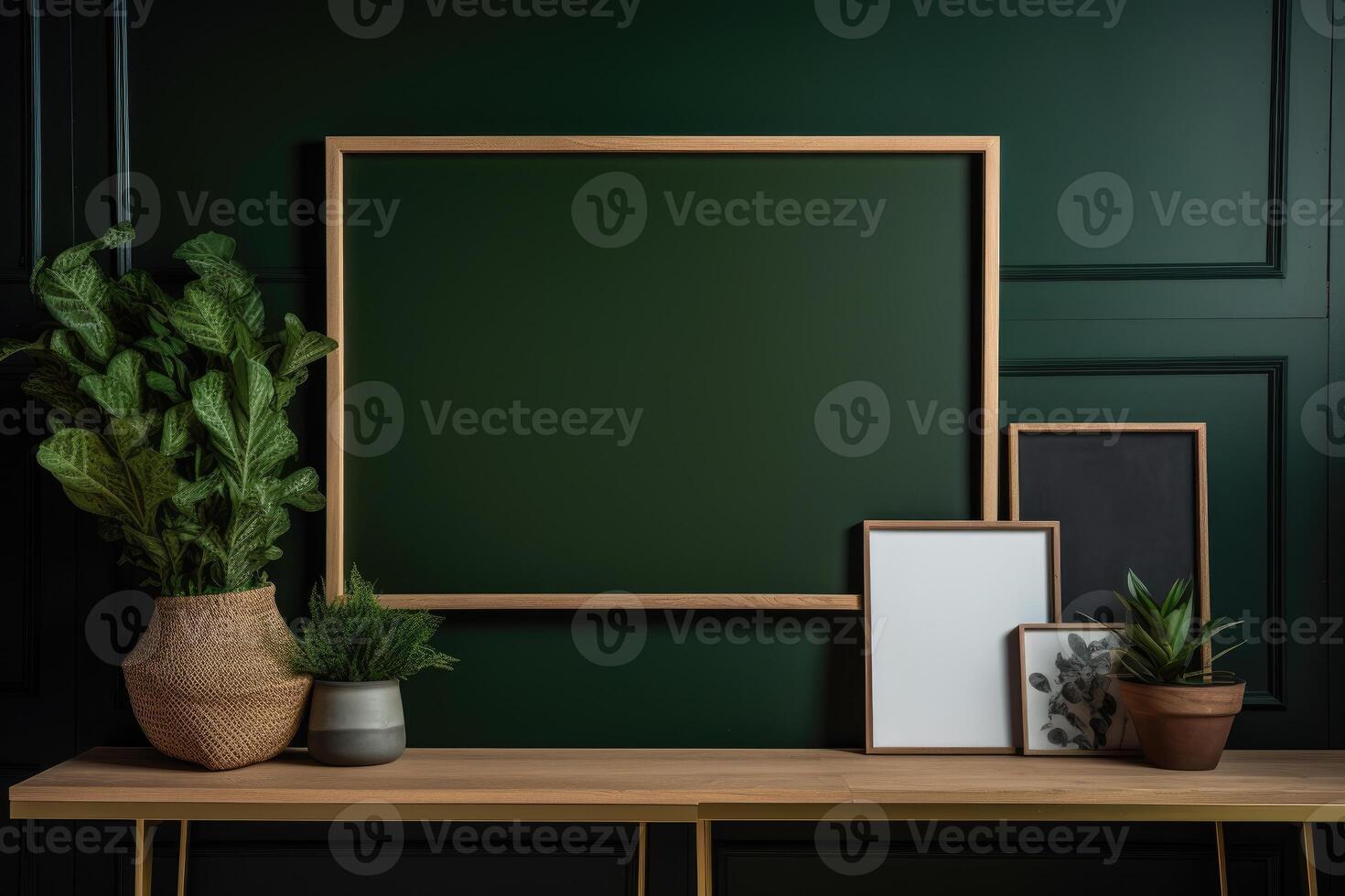 modern huis interieur met ontwerp houten commode, bespotten omhoog poster kaart, veer in vaas, accessoires in elegant huis decor sjabloon. generatief ai foto