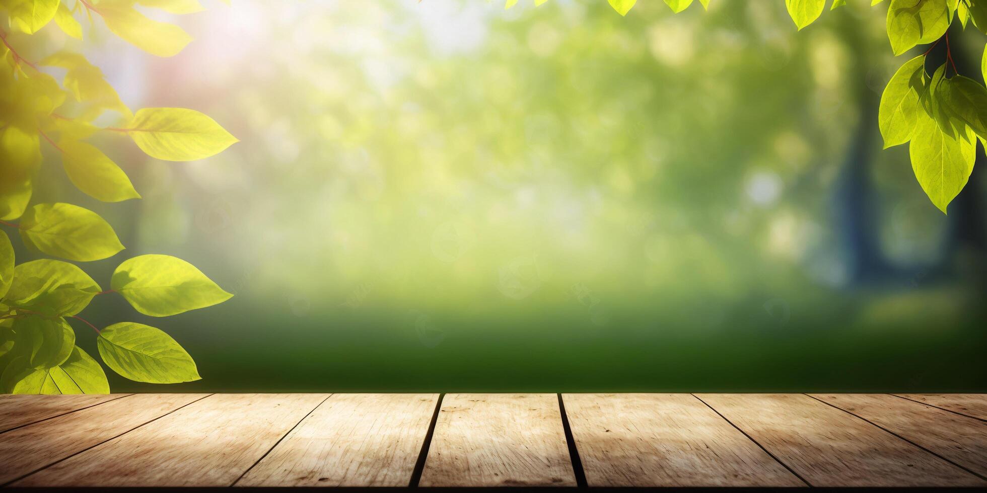 de hout tafel en de tuin in ochtend- met ai gegenereerd. foto