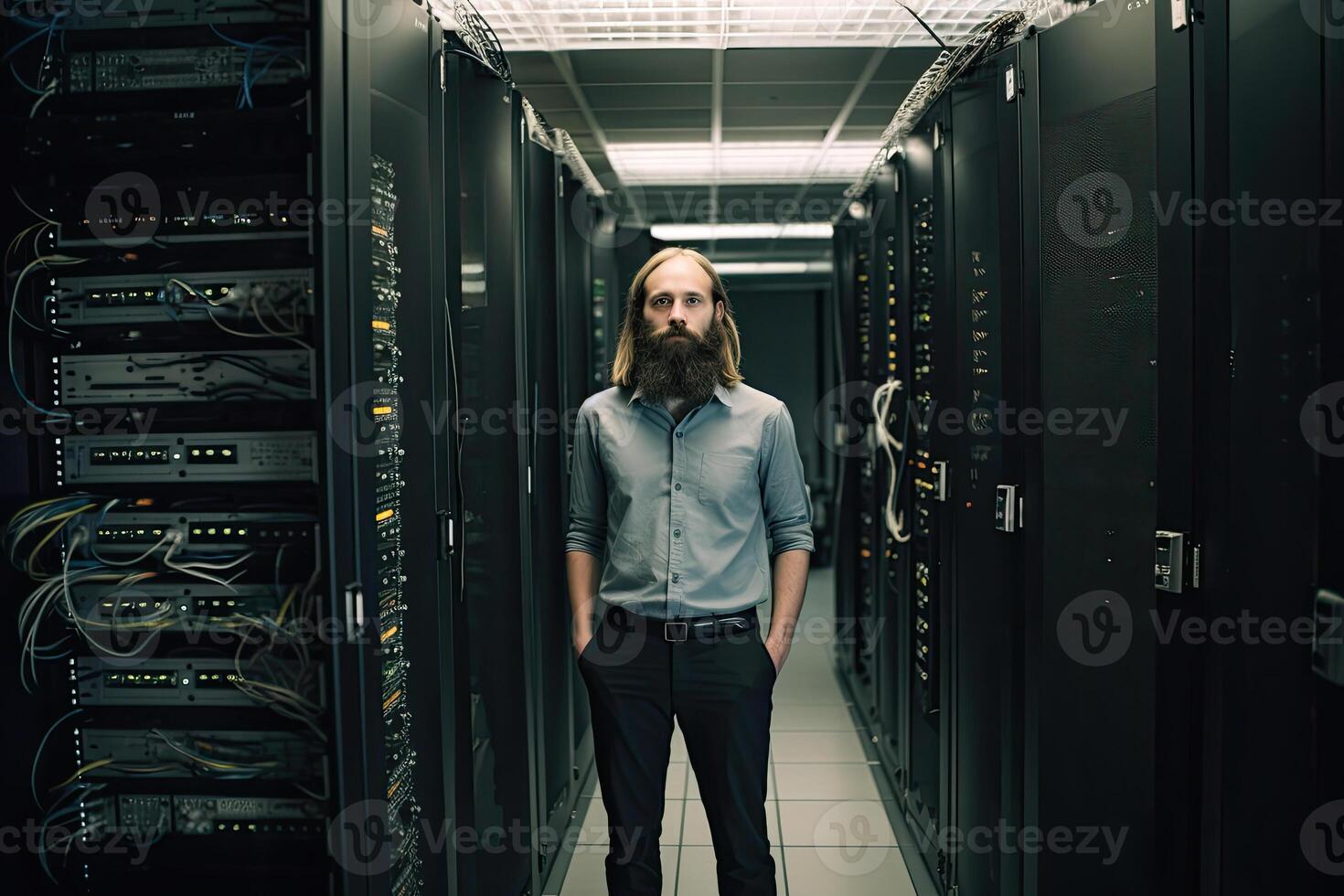 mannetje ingenieur in server kamer. gegevens centrum onderhoud. generatief ai foto