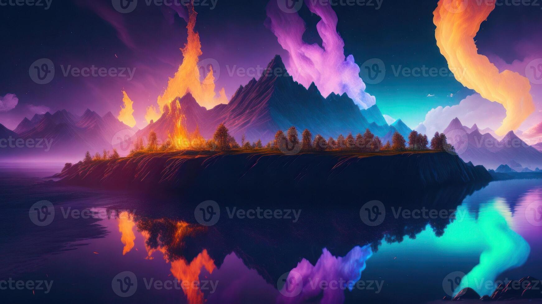 een schilderij van bergen en een meer met een Purper lucht en de woorden brand Aan het. ai gegenereerd achtergrond foto