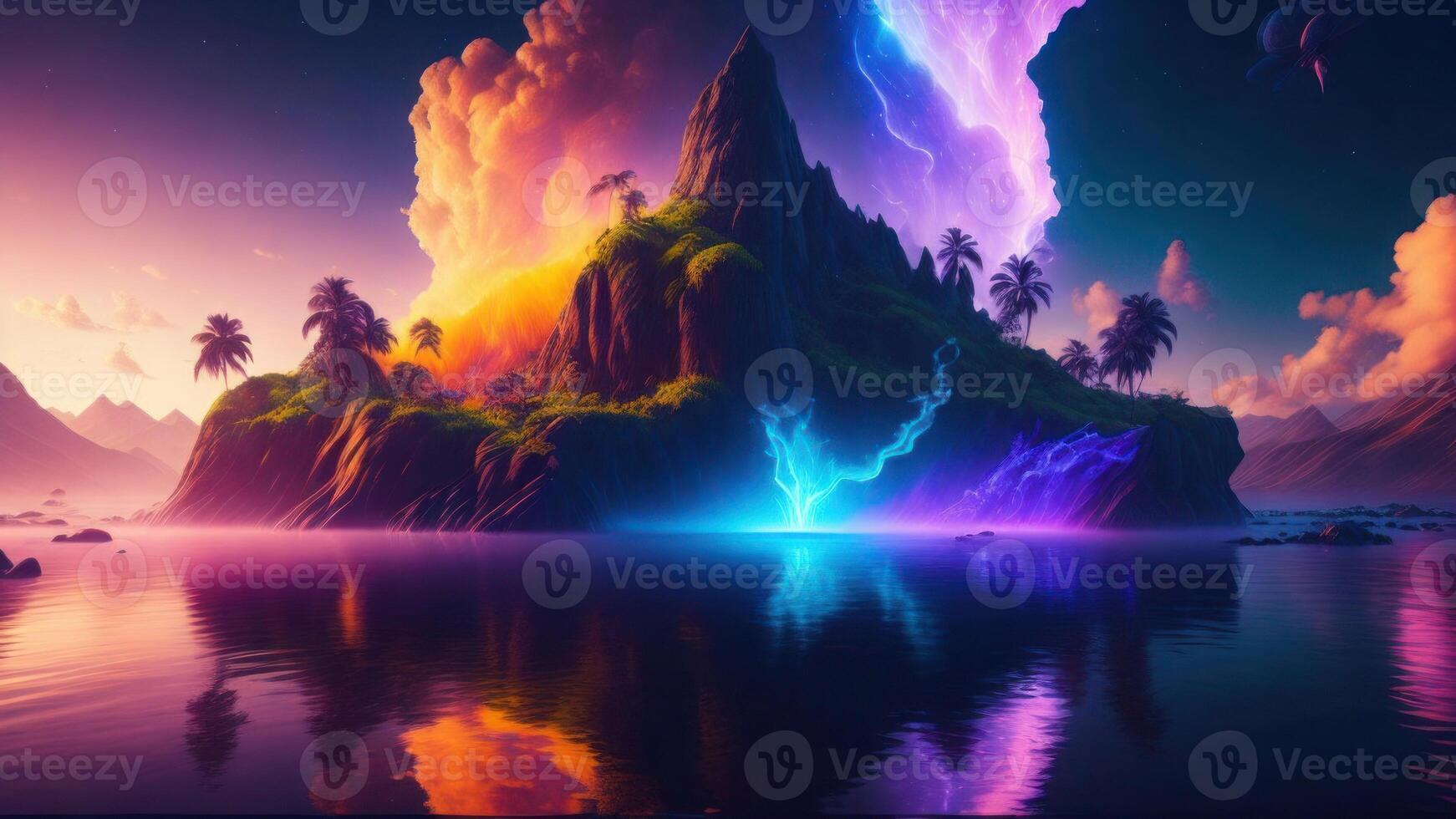 een kleurrijk landschap met een berg en een regenboog.. ai gegenereerd achtergrond foto