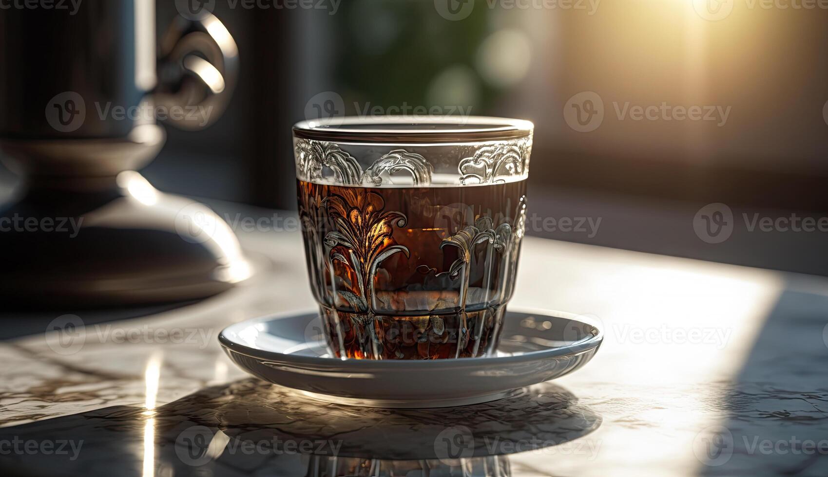 ochtend- koffie in modern kop Aan marmeren tafel met bloemen in voorjaar seizoen en zonlicht, kalmte en kom tot rust koffie, ontspanning tijd, heet drank, met generatief ai. foto