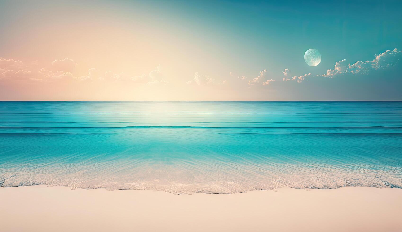 zomer vakantie, tropisch strand met blauw lucht en zee voor ontspanning, panoramisch strand achtergrond, zomer vakantie met mooi natuur zand, zonlicht, oceaan water met generatief ai. foto