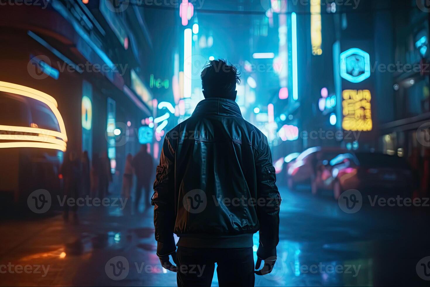 een Mens staat in een cyberpunk stad. leeg straat met helder neon lichten reflecterend in een water. generatief ai foto