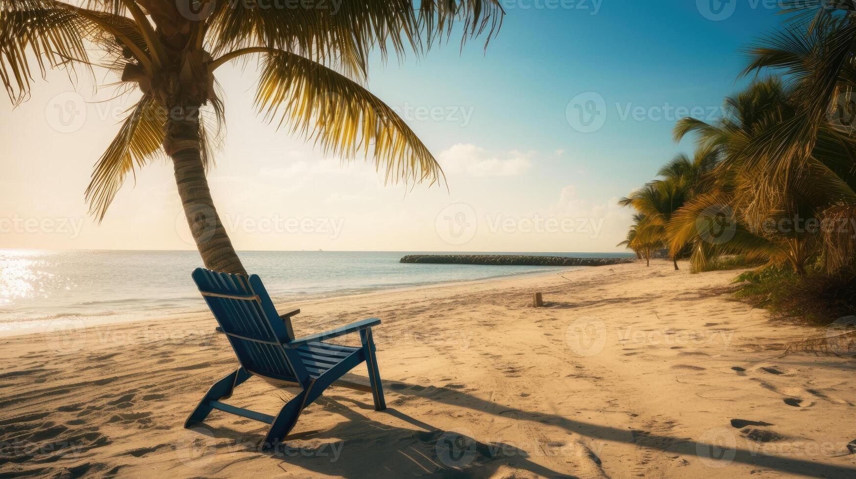 een strand tafereel met een palm boom en een strand stoel. generatief ai foto