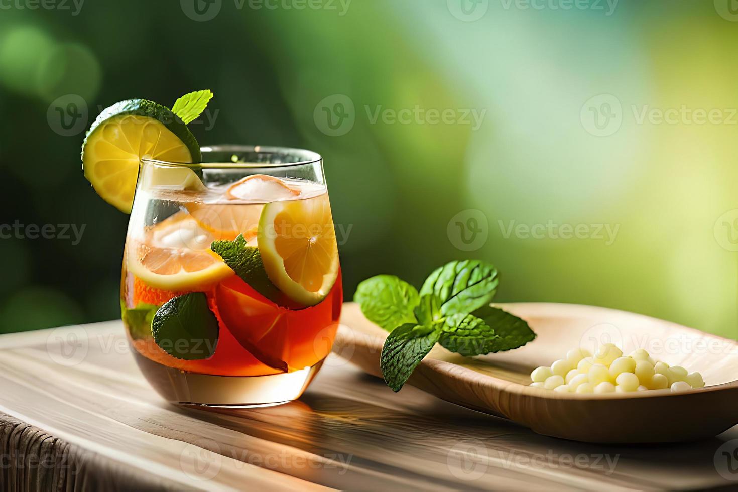 verfrissend fruitig zomer drinken Aan tafel met citroen en munt foto