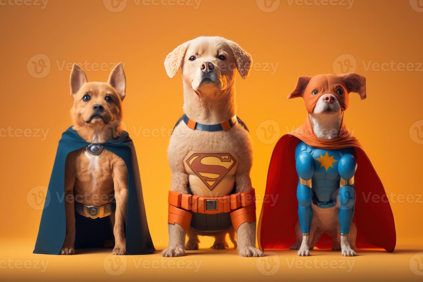bende van hond net zo superhelden met kaap Aan oranje achtergrond. gemaakt generatief ai foto