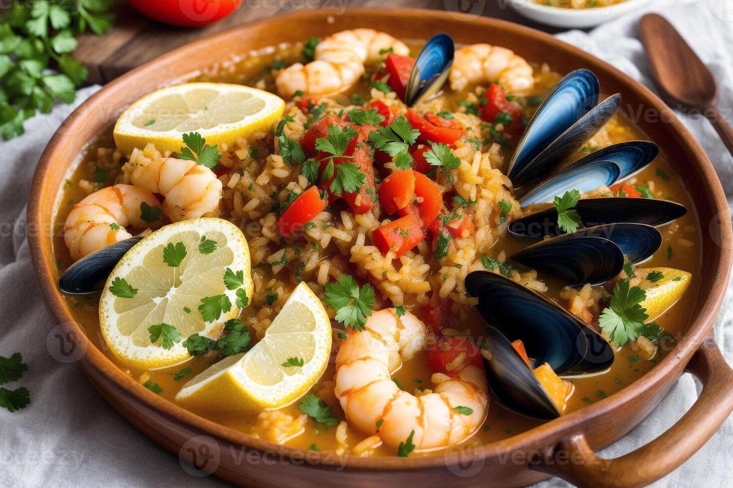 Portugal keuken. gebakken pompoen met vis filets. zeevruchten paella met garnalen, mosselen en tomaten. generatief ai foto