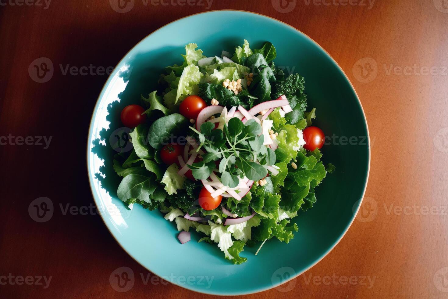 vers salade met groen olijven, feta kaas en kers tomaten in een schaal. gezond salade. generatief ai foto