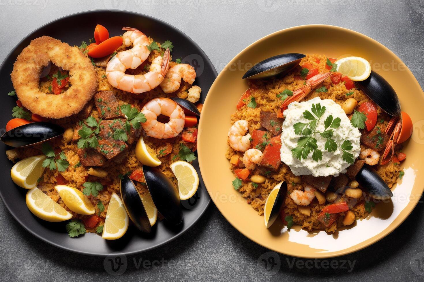 Spaans keuken. Spaans paella met garnalen, mosselen en groenten. zeevruchten paella met garnalen, mosselen en tomaten. generatief ai foto