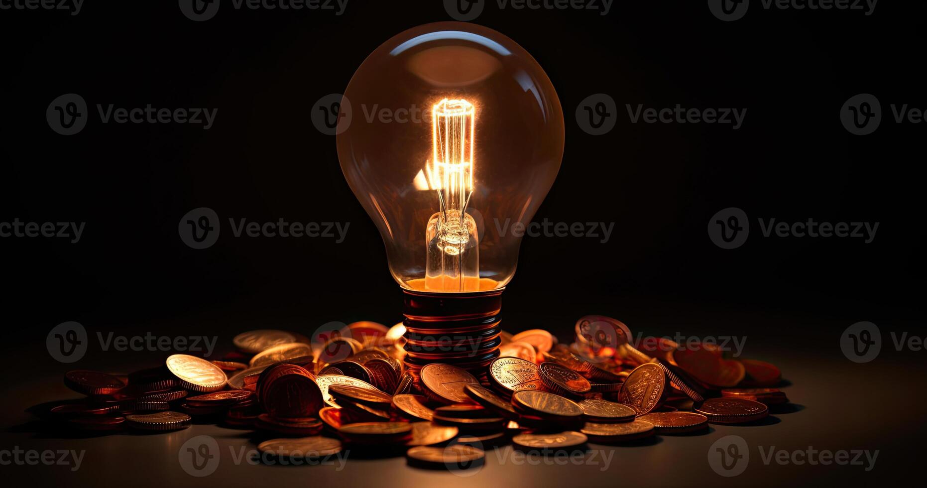 licht lamp Aan top van munten. stijgende lijn energie kosten concept. licht lamp Aan top van een stack van goud munten. generatief ai. foto