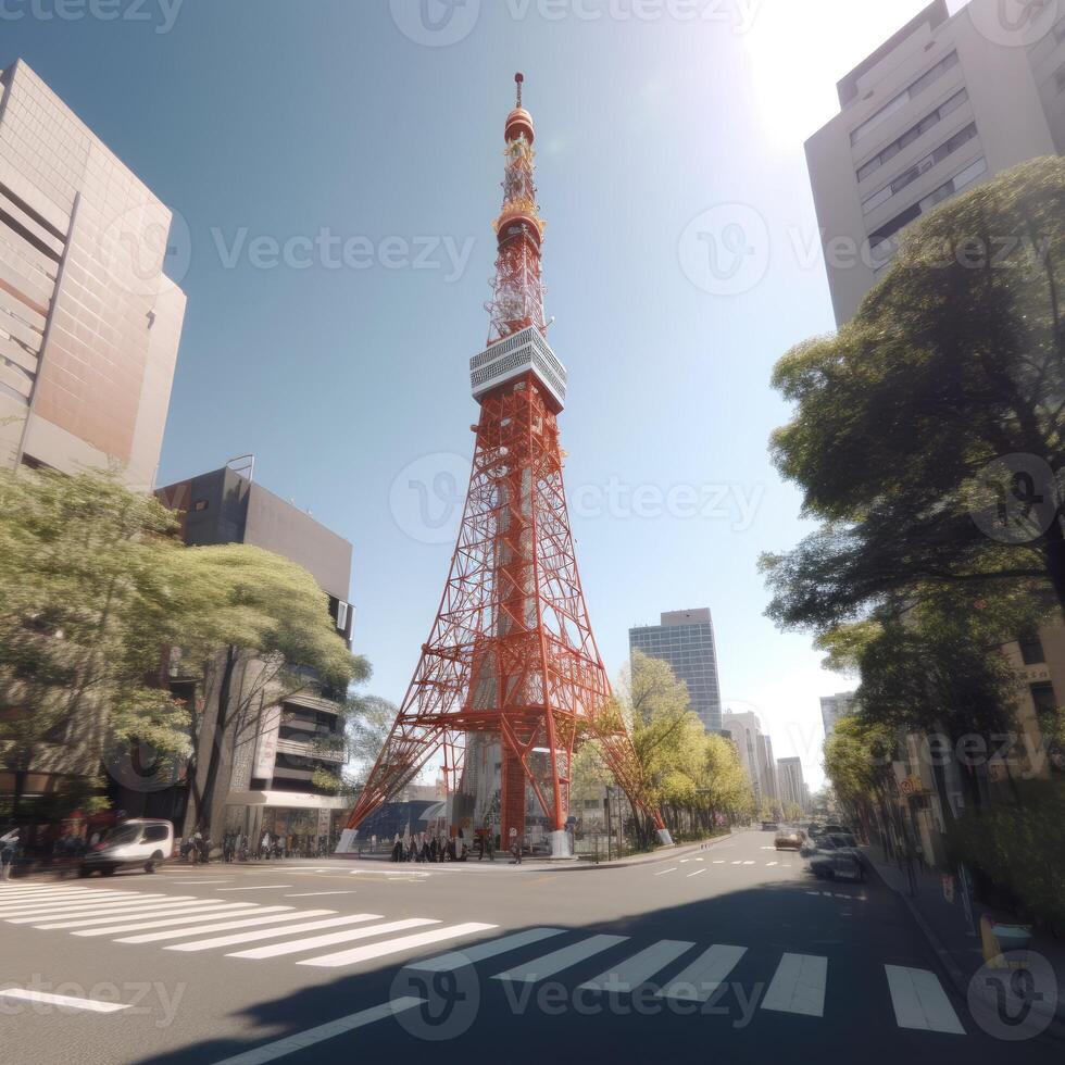 tokyo toren in dichtbij omhoog visie met Doorzichtig blauw lucht, beroemd mijlpaal van Tokio, Japan. generatief ai. foto