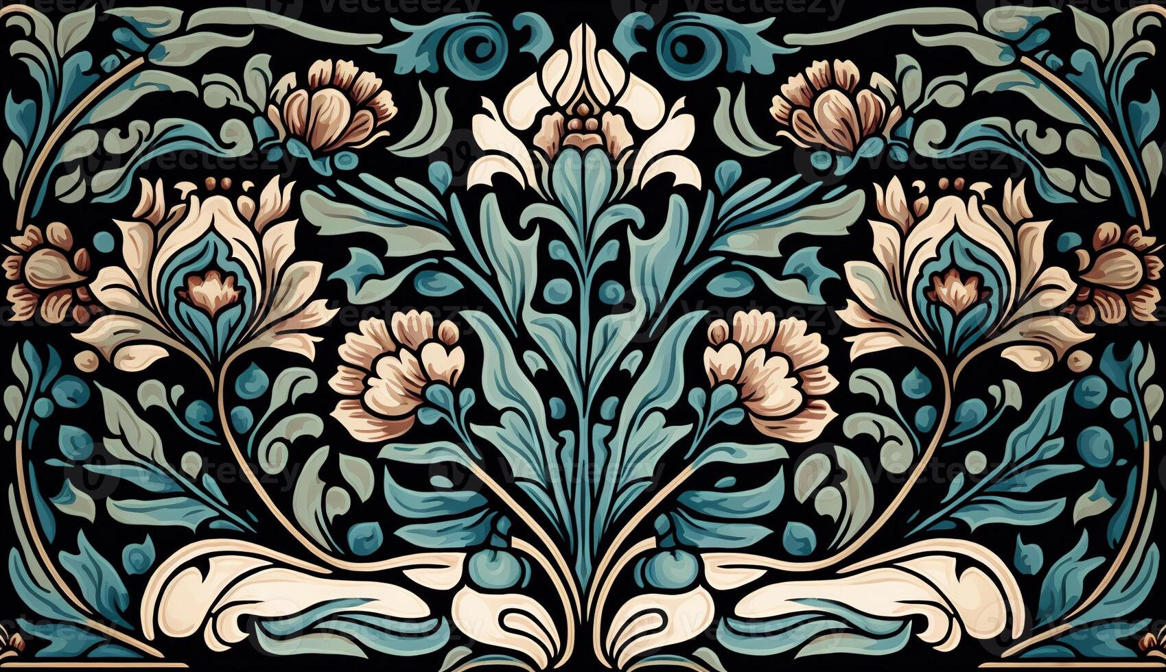 generatief ai, bloemen kleurrijk patroon. William morris geïnspireerd natuurlijk planten en bloemen achtergrond, wijnoogst illustratie. volk stijl foto