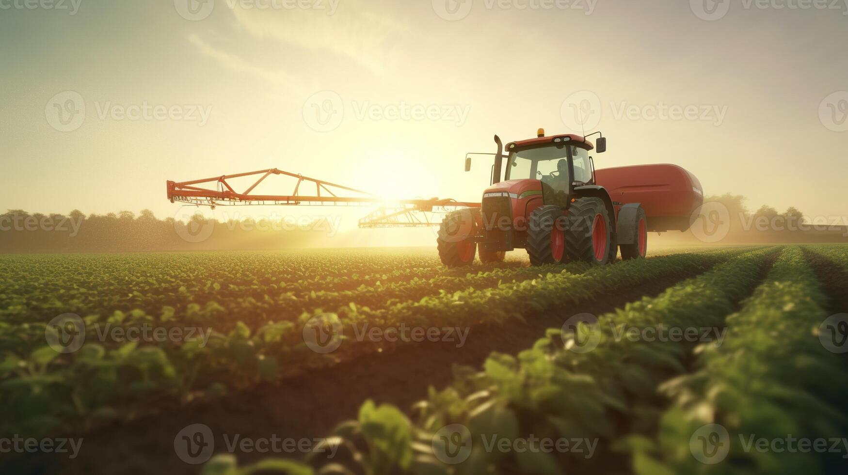 generatief ai, trekker sproeien een veld, boerderij landschap, agrarisch mooi platteland, land weg. natuur illustratie, fotorealistisch top visie horizontaal spandoek. foto