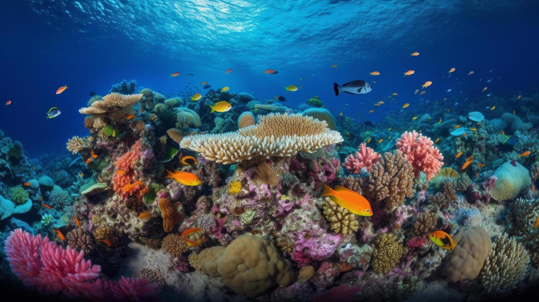 onderwater- koraal rif landschap super breed banier achtergrond in diep blauw oceaan. illustratie ai generatief foto