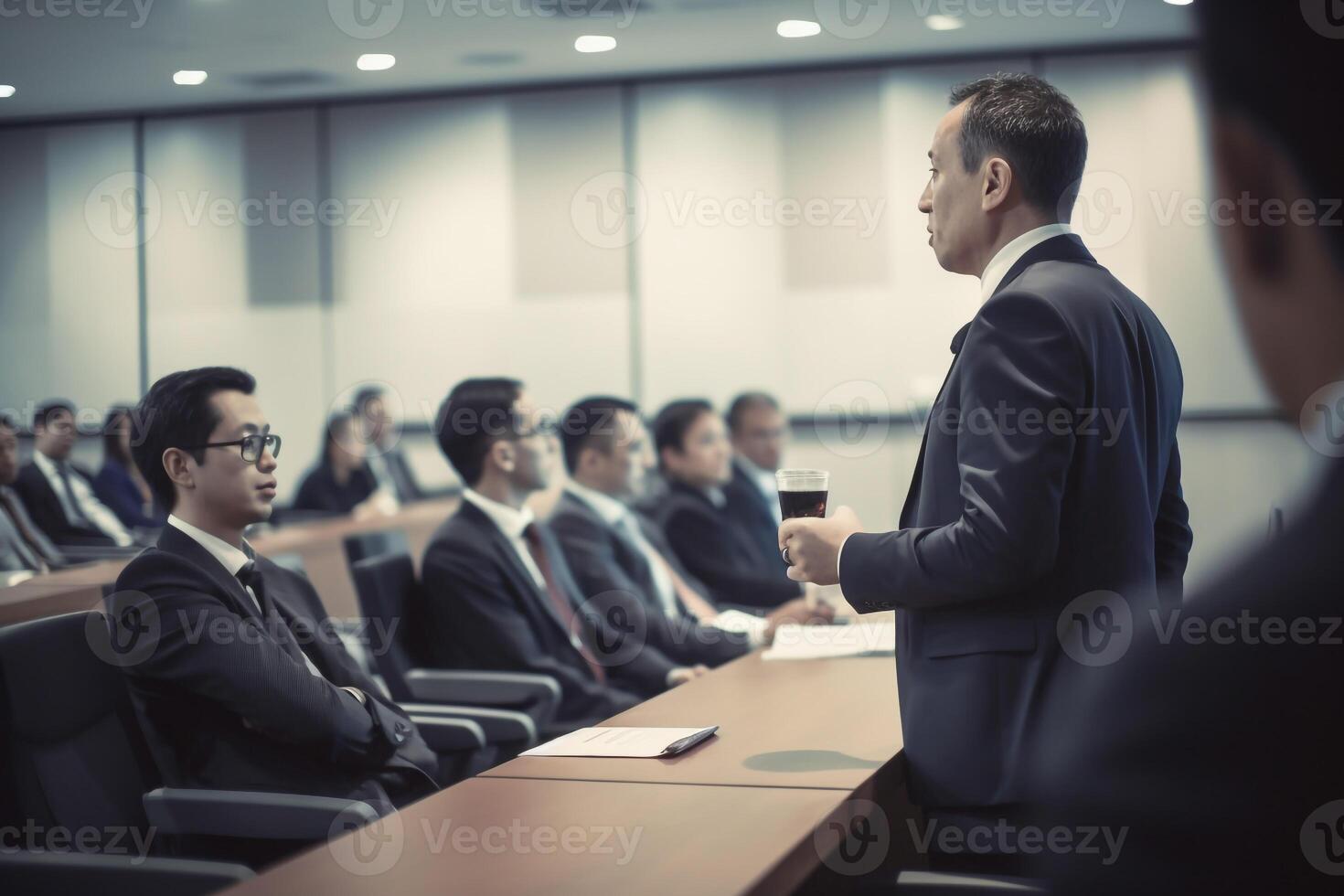 een Mens Holding mic openbaar sprekend in voorkant van de publiek. foto realisme gemaakt met ai gereedschap