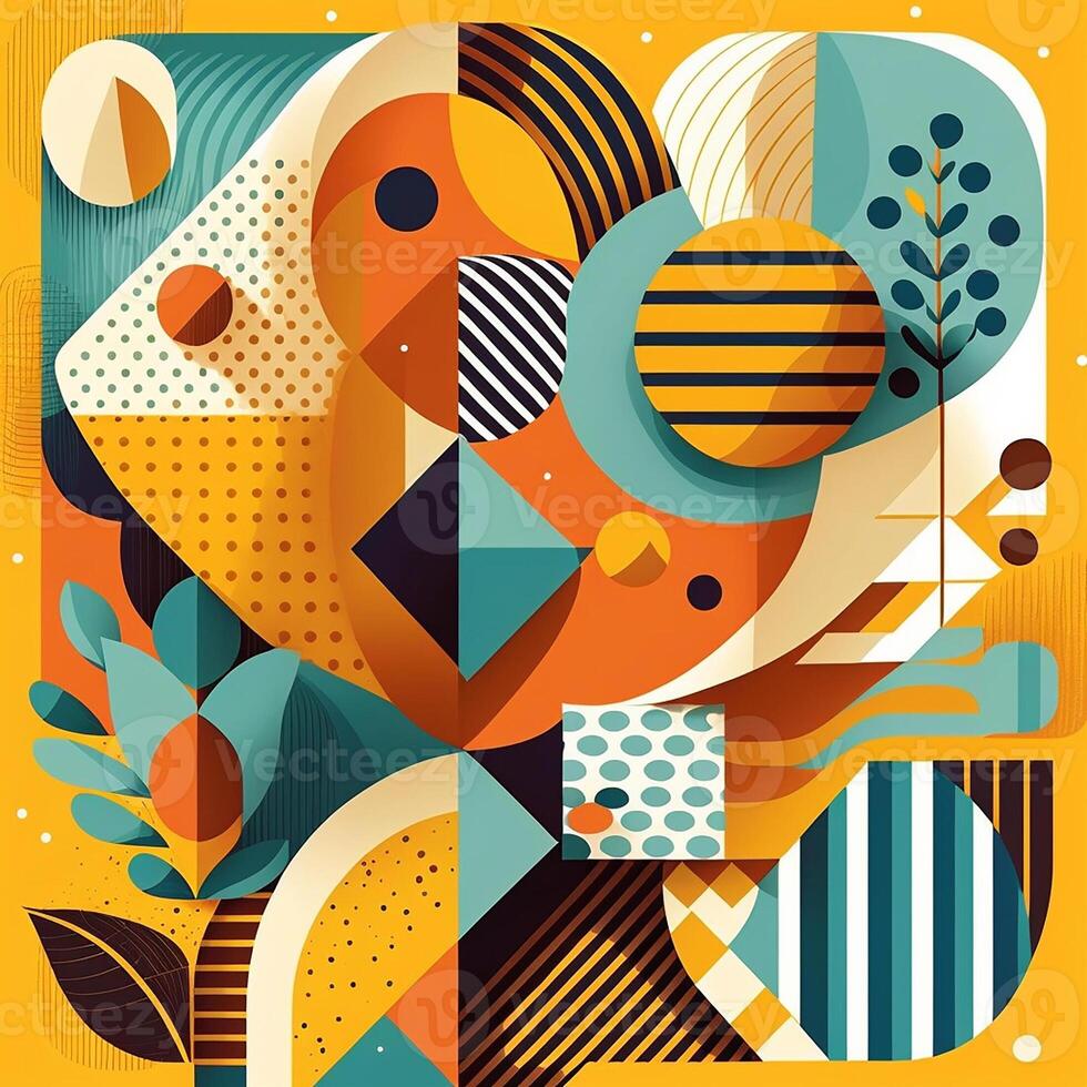 poster in retro stijl van de jaren 70, lapwerk, cirkels, meetkundig figuren, abstractie en psychedelisch patroon. helder en warm kleur palet, tinten van oranje, geel, groen en pale blauw.generatief ai foto