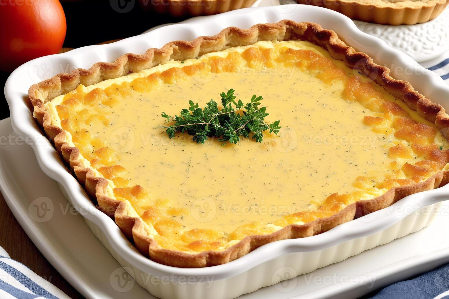 Frans keuken. huisje kaas scherp met tijm in een wit keramisch bakken schotel.romig soep. romig pompoen taart. generatief ai foto