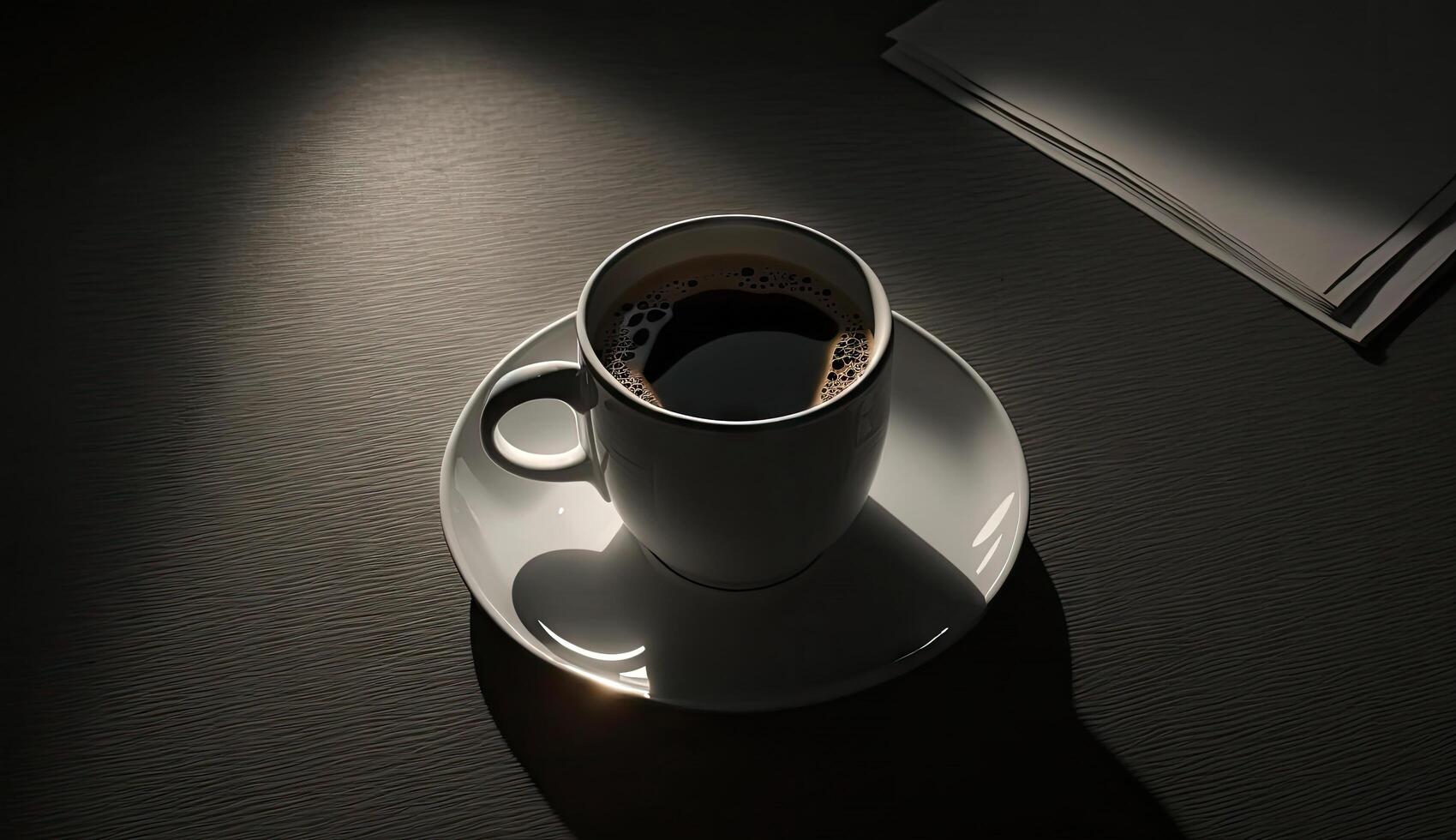 ochtend- koffie americano of zwart koffie in kop Aan kantoor tafel, met kantoor werk documenten decoratie, kalmte en kom tot rust koffie, ontspanning tijd, heet drank, met generatief ai. foto