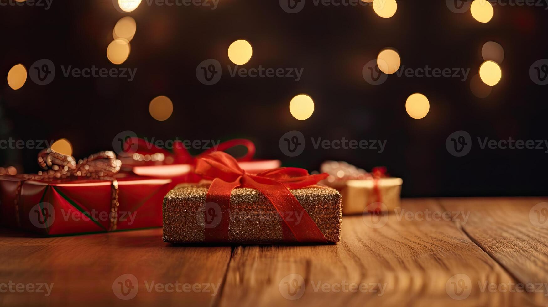Kerstmis presenteert verpakt in rood papier met goud lint Aan Aan houten tafel achtergrond en bokeh. plaats voor typografie en logo. kopiëren ruimte. generatief ai. foto