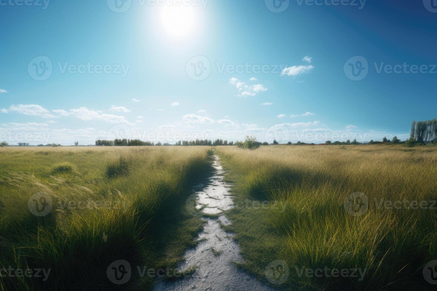 de landschap van gras velden en blauw lucht weg leidend uit in de afstand. generatief ai. foto