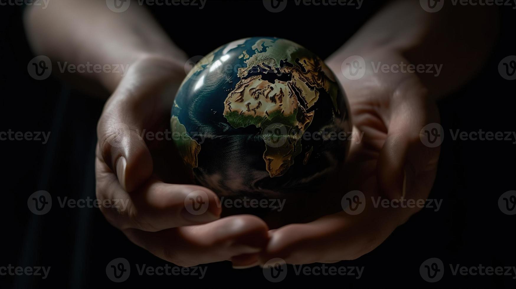 menselijk handen Holding een klein wereldbol met planten groeit uit van het foto