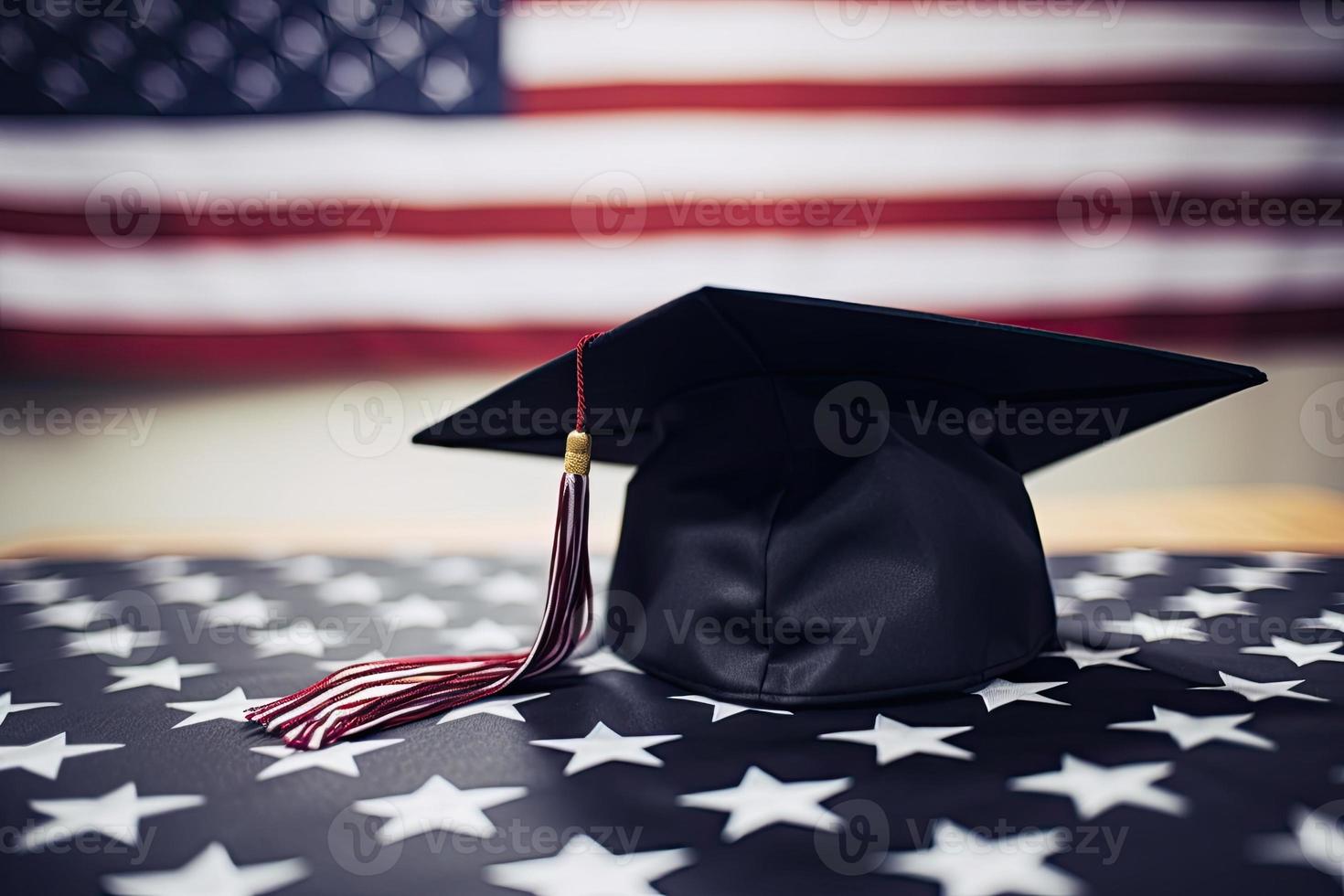 een diploma uitreiking pet Aan de Amerikaans vlag foto