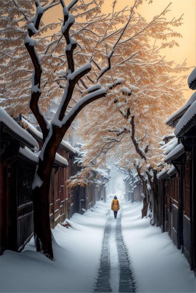 persoon wandelen naar beneden een sneeuw gedekt straat. generatief ai. foto
