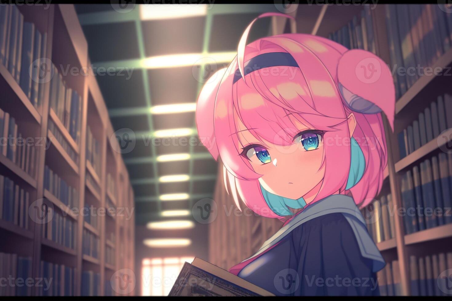 schattig roze haar- anime schoolmeisje in bibliotheek, ai gegenereerd foto