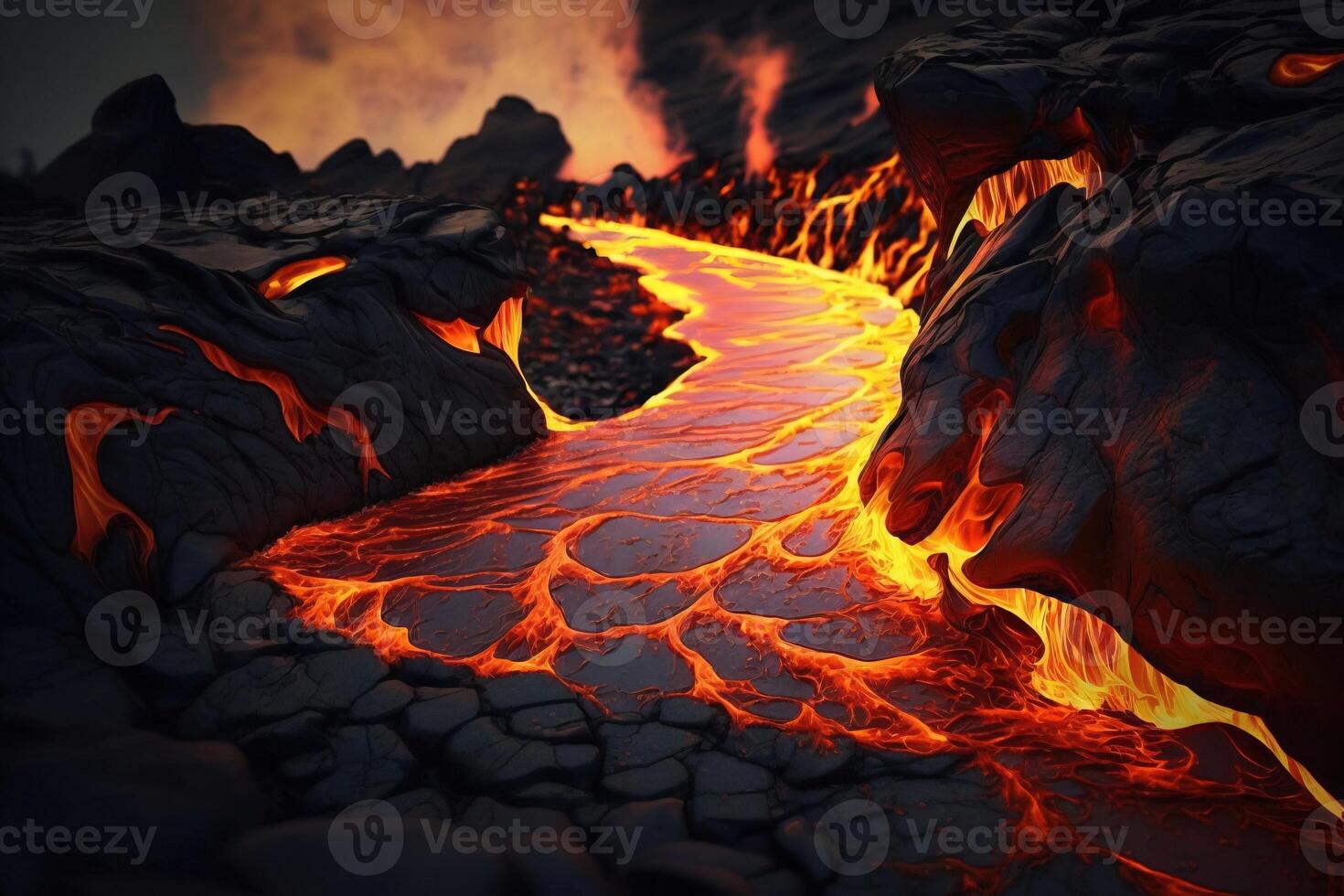 vurig brandend lava stromen naar beneden de berg. natuurlijk element. ai gegenereerd. foto