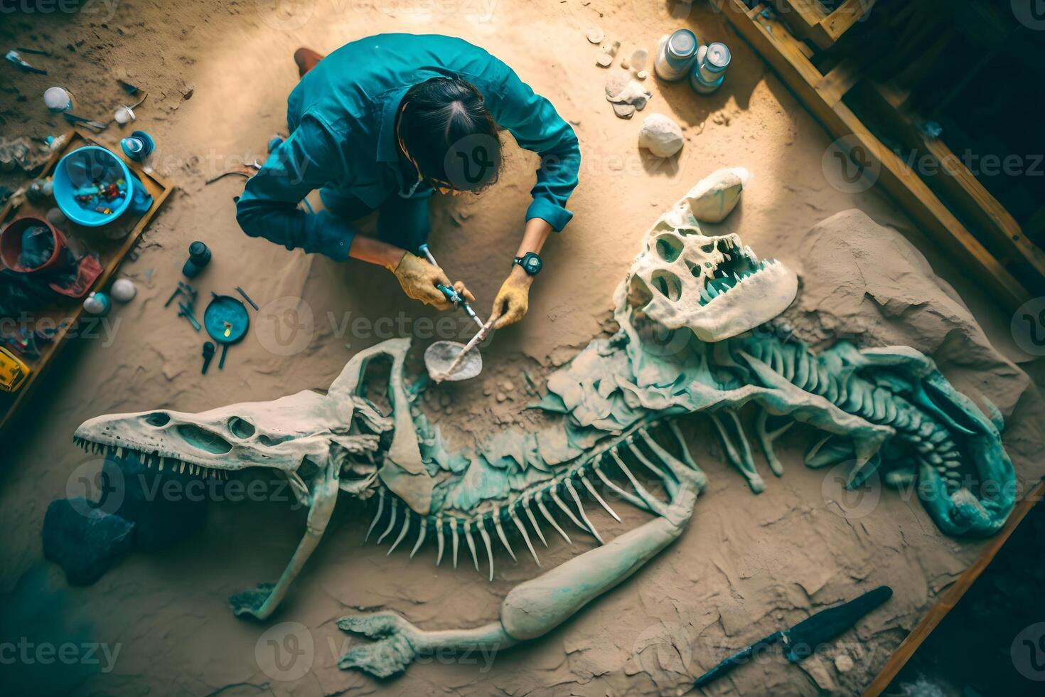 archeoloog werken Aan een archeologisch plaats met dinosaurus skelet in muur steen fossiel tyrannosaurus opgravingen. neurale netwerk ai gegenereerd foto