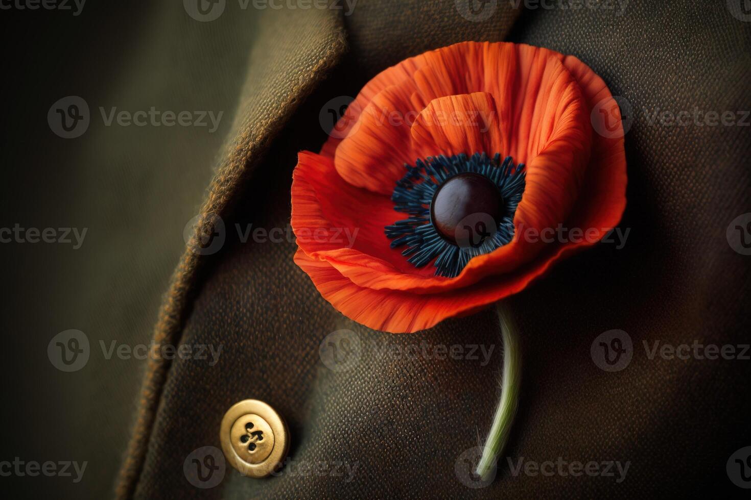 papaver bloem in knoopsgat van jasje, symbool van zege in oorlog veteraan. ai gegenereerd. foto